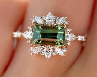 2 CT Natural Peridot Emerald Cut Ring, Sunburst Diamond Halo Engagement Wedding Ring, Peridot Green Gemstone Ring Women