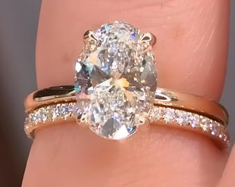 3 CT IGI Certified Oval Cut Lab Grown Diamond Bridal Ring Set, 14K/18K Solid Gold, Hidden Halo Matching Pave Band, Engagement Ring Set