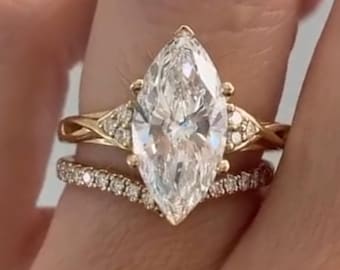 4 CT IGI Certified Marquise Cut Lab Grown Diamond Ring with Twisted Shank Curved Engagement Wedding Bridal Ring Set