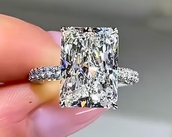 4CT IGI Certified Radiant Cut Lab Grown Diamond Engagement Ring, 14K/18K Solid White Gold Hidden Halo Triple Pave Band, Wedding Ring For Her