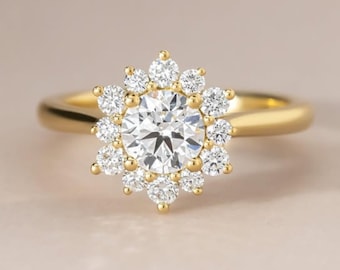 1.50 CT IGI Certified Round Cut Lab Grown Diamond Floral Halo Engagement Ring, 14K/18K Solid Yellow Gold Sunburst Wedding Ring