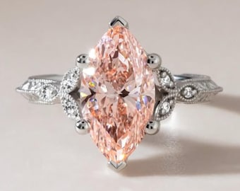 Vintage 3 CT IGI Certified Marquise Pink Lab Grown Diamond Engagement Ring, 14K Solid Gold, Side Stone Marquise, Wedding & Anniversary Ring