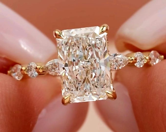 Featured listing image: 4 CT IGI Certified Radiant Cut Lab Grown Diamond Engagement Ring, 14K Yellow Gold Marquise & Round Band, Radiant Wedding Ring for Women