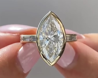 3 CT IGI Certified Marquise Cut Lab Grown Bezel Set with Baguette Side Stone Engagement Wedding Diamond Ring, Marquise Bezel Ring