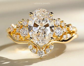 3 CT IGI Certified Oval Cut Lab Grown Diamond Bridal Ring Set, 14K/18K Solid Gold Cluster Side Stone Engagement Ring Matching Curved Band