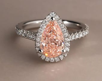 2 CT IGI Certified Pear Cut Fancy Pink Lab Grown Diamond Engagement Ring, 14K/18K Solid White Gold Pave Band, Pear Diamond Wedding Ring