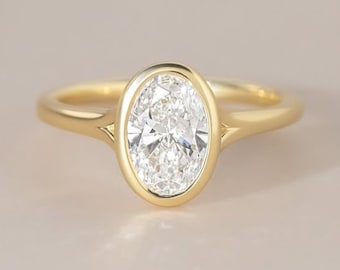 2.50 CT IGI Certified Oval Cut Lab Grown Diamond Bezel Set Engagement Ring, 14K/18K Solid Gold Minimalist Solitaire Band
