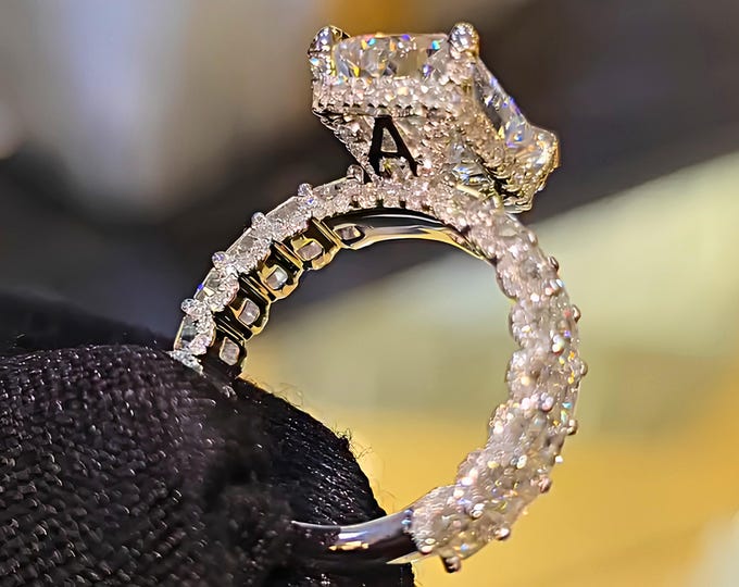 Featured listing image: 5CT IGI Certified Radiant Cut Lab Grown Diamond Engagement Ring, 14K Solid Gold, Side Radiant Diamond Band, Hidden Halo Ring, Wedding Ring
