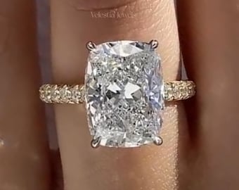 5.5 CT IGI Certified Elongated Cushion Cut Lab Grown with Hidden Halo Pave Set Two Tone Engagement Wedding Diamond Ring