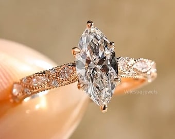 Vintage 2 CT IGI Certified Marquise Cut Lab Grown Diamond Engagement Ring, 14K/18K Solid Rose Gold, Art Deco Engraved Band, Wedding Ring