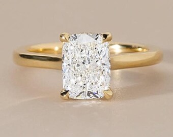 2 CT IGI Certified Elongated Cushion Cut Lab Grown Engagement Ring, 14K Solid Gold Hidden Halo Diamond Ring, Cushion Solitaire Wedding Ring