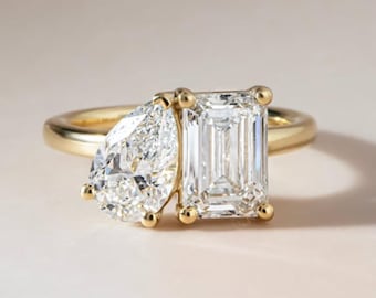 3 TCW IGI Certified Pear & Emerald Cut Lab Grown Diamond Toi et Moi  Engagement Ring, 14K/18K Solid Yellow Gold Two Stone Wedding Ring,