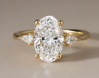 3 CT IGI Certified Oval Cut Lab Grown Diamond Three Stone Engagement Ring, 14K Solid Gold, Side Kite Diamond Ring, Oval Diamond Trilogy Ring