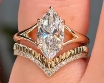 3 CT IGI Certified Marquise Cut Lab Grown Diamond Bridal Set, Open Shank Chevron Wedding Band, Engagement Ring Set