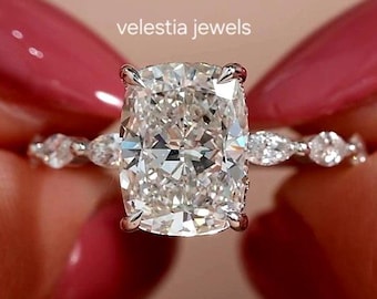 3 CT IGI Certified Elongated Cushion Cut Lab Grown Diamond Engagement Ring, 14K/18K Solid Gold, with Side Marquise Diamond Band Wedding Ring