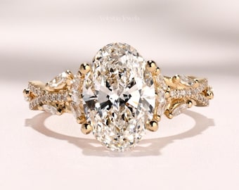 3 CT IGI Certified Oval Cut Lab Grown Marquise Cluster Twisted Pave Engagement Wedding Diamond Ring, Vintage Diamond Ring