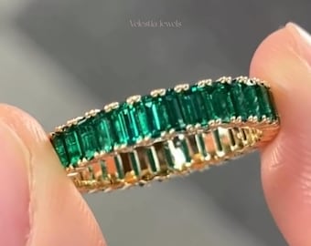 IGI Certified Emerald Cut Green Gemstone Full Eternity Wedding Band Ring, Green Emerald Diamond Band