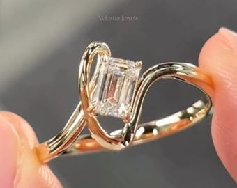 1 CT IGI Certified Emerald Cut Lab Grown with Swirl Wrap Engagement Wedding Diamond Ring, Emerald Cut Ring