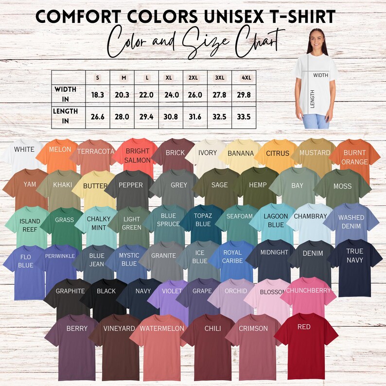 Puede incluir: Exhibici&oacute;n de camisetas unisex Comfort Colors en varios colores, incluyendo blanco, rojo y azul. La imagen incluye una tabla de colores y tallas, con medidas en cm. Las camisetas est&aacute;n dispuestas para mostrar los tonos disponibles.