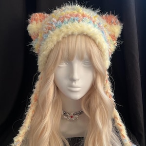 Hand-Knitted Rainbow Stripe Beanie,Alt Aesthetic Festival Accessory,Soft Girl Winter Headpiece with Braided Ties,Y2K Fairycore Rave Headwear