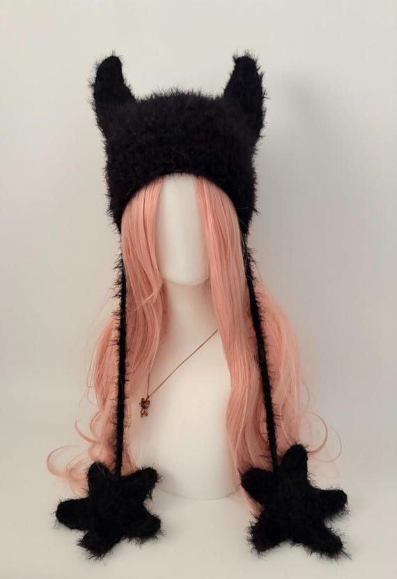 Handmade Crochet Black Cat Ear Beanie,Star Tassels Y2K Goth Grunge Fuzzy Knit Hat, Alt Emo Kawaii Aesthetic Winter Warm Headwear