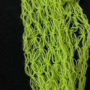 Peut inclure: Gros plan sur un textile vert n&eacute;on &agrave; tissage ouvert. Le tissu a un aspect d&eacute;licat et a&eacute;r&eacute; avec un motif floral r&eacute;p&eacute;titif. La couleur vive et le design ouvert sugg&egrave;rent une &eacute;charpe ou un ch&acirc;le l&eacute;ger, sur fond noir.