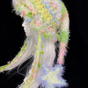 Pastel Fluffy Hood Hat Crochet,Star Hooded Scarf Fairycore,Hat Handmade Fuzzy Hood Bonnet Festival Outfit,Soft Girl Dreamy  Headwear