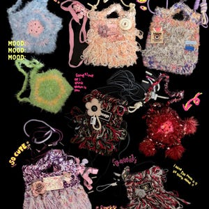 May include: A collection of handmade, textured bags in various colors, including blue, pink, green, purple, and red. Some bags feature decorative elements like flowers and tags. Text includes "MOOD", "SO CUTE", "Lucky GIRL", and "LOVE".