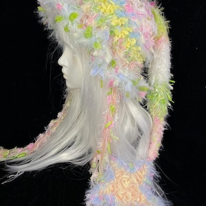 Pastel Fluffy Hood Hat Crochet,Star Hooded Scarf Fairycore,Hat Handmade Fuzzy Hood Bonnet Festival Outfit,Soft Girl Dreamy  Headwear