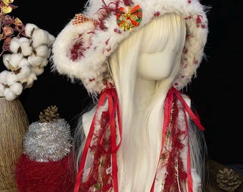 Christmas Furry Bear Ear Hat, White Fluffy Lolita Winter Hat with Bells Bow,Red Ribbon Tassel Holiday Headpiece,Cottagecore Xmas Cosplay Hat