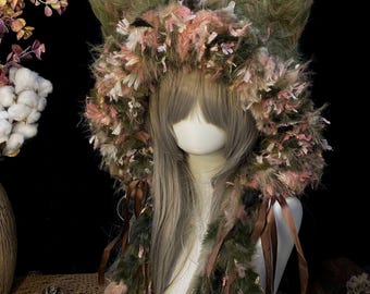 Forest Green Furry Cat Ear Hood, Dried Flower Floral Cat Ear Hat, Woodland Cottagecore Faux Fur Hood, Fairycore Cosplay Lolita Headpiece
