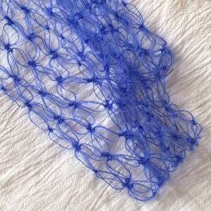 Peut inclure: Gros plan sur une section de filet bleu. Le filet est fait d'un mat&eacute;riau fin et tiss&eacute;, avec un motif r&eacute;p&eacute;titif de n&oelig;uds interconnect&eacute;s. La couleur est un bleu vibrant et satur&eacute;, et la texture semble douce et souple.