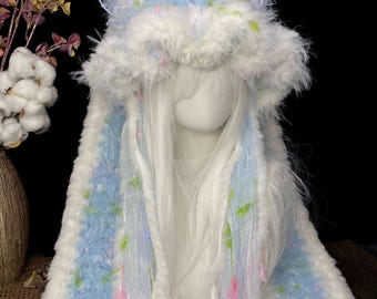 Kawaii Baby Blue Cat Ear Furry Hood, Soft Shaggy Furry Hat with Hanging Shawl Panels, Yume Kawaii Lolita Statement Headpiece