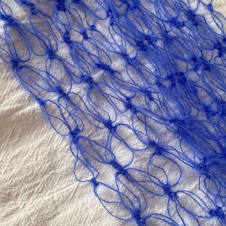 Peut inclure: Gros plan sur une section de filet bleu. Le filet est fait d'un mat&eacute;riau fin et tiss&eacute;, avec un motif r&eacute;p&eacute;titif de boucles interconnect&eacute;es. Le fond est un tissu blanc textur&eacute;. Le filet est d'une couleur bleu vif.