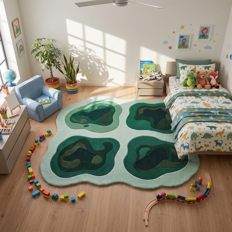Pu&ograve; includere: Un grande tappeto di forma irregolare con quattro bacini sovrapposti in stile topografico in varie tonalit&agrave; di verde scuro e chiaro, situato in una camera da letto con un letto, una poltrona azzurra e binari di trenini in legno sparsi.