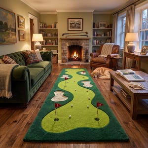 Puede incluir: Una alfombra rectangular con un diseño de campo de golf que presenta calles de color verde claro, búnkeres de arena blanca y varias pelotas de golf blancas. La alfombra incluye varios hoyos con banderas rojas numeradas con el 3 y el 18.