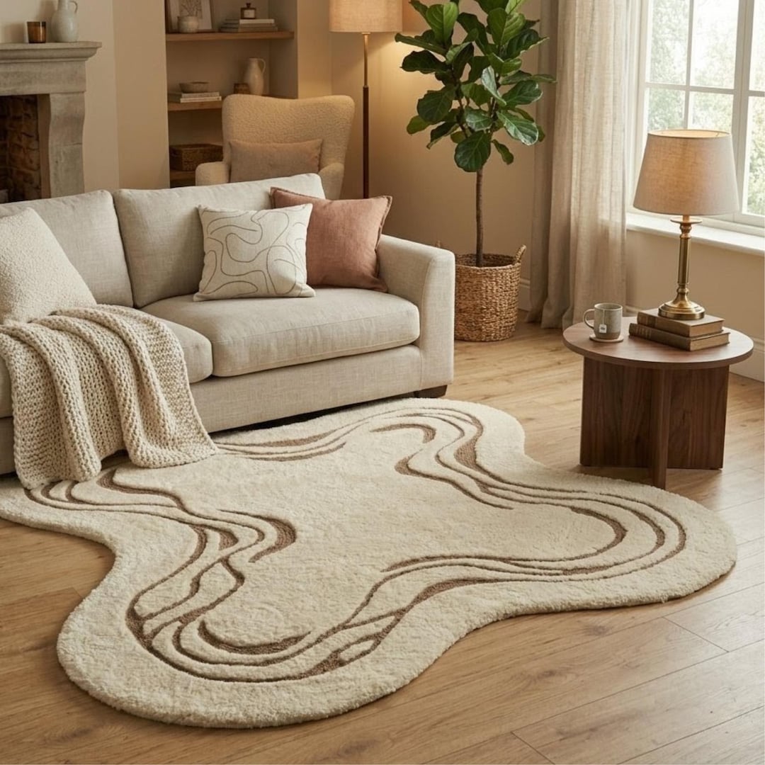 Hand Tufted Wool Rug | Organic Abstract Shape | Cream Brown | Living ...