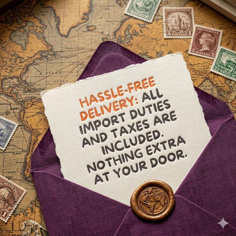Pu&ograve; includere: Un quadrato di carta ruvida color bianco sporco con bordi irregolari che riporta il testo: HASSLE-FREE DELIVERY: ALL IMPORT DUTIES AND TAXES ARE INCLUDED. NOTHING EXTRA AT YOUR DOOR. La carta &egrave; inserita in una busta viola scuro con sigillo in ceralacca.