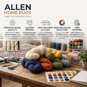 Pu&ograve; includere: Una collezione di matasse di lana trapuntate a mano in vari colori, tra cui crema, blu navy, arancione, oliva, giallo e grigio. L'immagine include uno strumento per tufting, forbici, una cartella colori e una scatola FedEx su un tavolo.