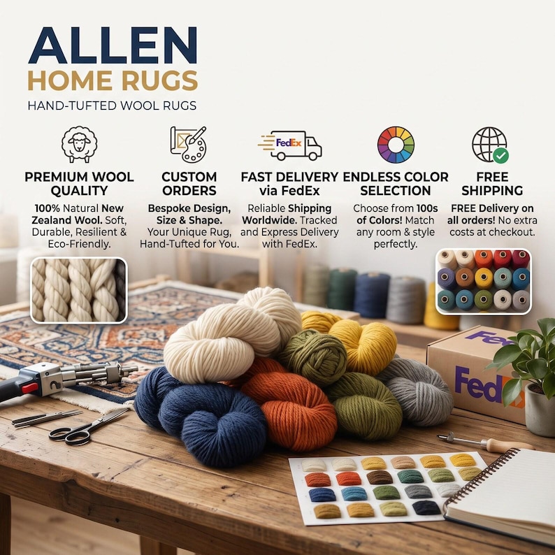 Pu&ograve; includere: Una collezione di matasse di lana trapuntate a mano in vari colori, tra cui crema, blu navy, arancione, oliva, giallo e grigio. L'immagine include uno strumento per tufting, forbici, una cartella colori e una scatola FedEx su un tavolo.