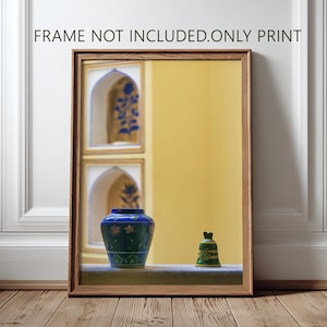 May include: A rectangular wall art print in a wooden frame featuring a yellow wall with two arched niches, a blue and green vase, and a small green bell. The text FRAME NOT INCLUDED.ONLY PRINT is displayed at the top of the image.