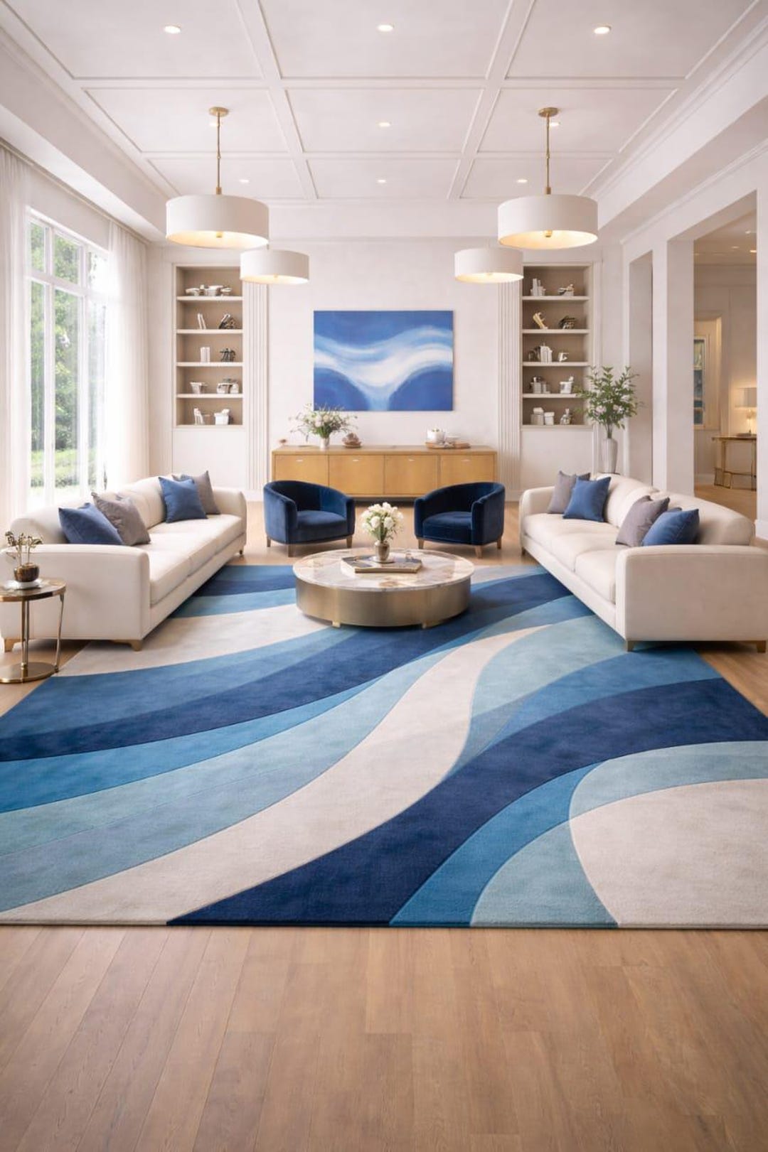 Hand Tufted Blue Abstract Wave Rug, Modern Coastal Living Room Carpet ...