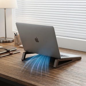 May include: A silver laptop resting on a dark brown wooden stand. The stand has a triangular side profile and a cutout design. Blue light streaks emanate from beneath the laptop, suggesting airflow. The laptop features a black Apple logo on the back.