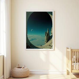 May include: A framed wall art print featuring a surreal landscape viewed through a large oval opening. The scene depicts a tall, light-colored stone tower structure, a vast expanse of clouds, a crescent moon in a dark sky, and a small red figure.