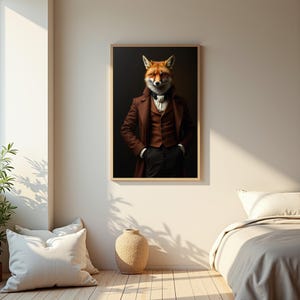 Cuadro decorativo de zorro caballero / Impresión de retrato al óleo de un elegante animal victoriano
