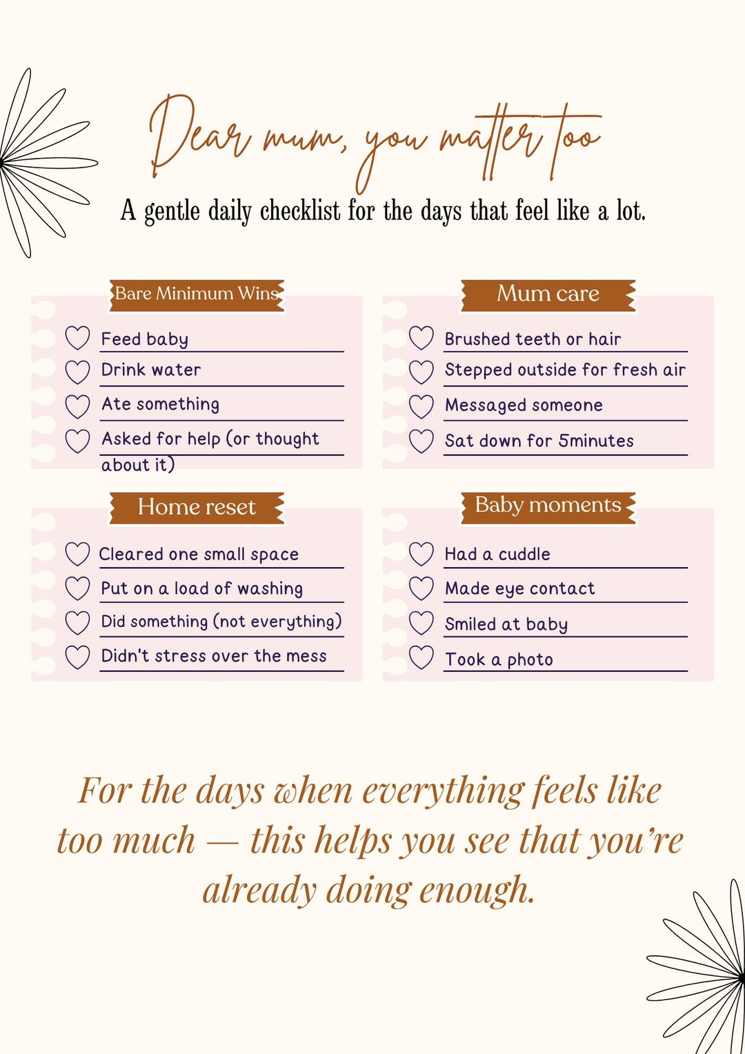 Dear Mum Printable | Postpartum Checklist | New Mum Gift | Self Care ...