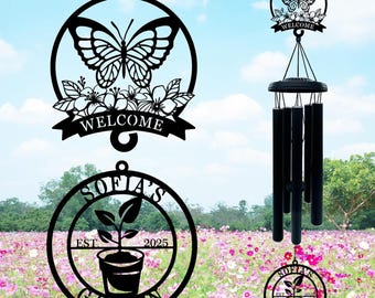Campana de viento personalizada con letrero de bienvenida para el jardín, campana de viento personalizada para mamá y abuela.