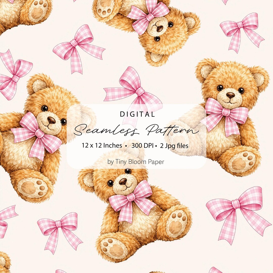 Pastel Gingham Teddy Bear Seamless Pattern – Nursery Digital Print ...