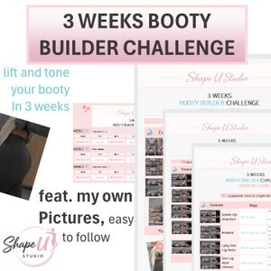 Op de afbeelding: Een digitale fitnessgids getiteld 3 WEEKS BOOTY BUILDER CHALLENGE van Shape U Studio. Het document bevat een trainingsschema van drie weken, instructies met fotodemonstraties en een lijst met herhalingen voor specifieke oefeningen.