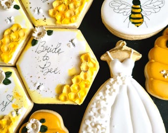 Bee Bridal Shower Cookies, Bride to Bee Decorated Sugar Cookies, Honeycomb Cookies, Wedding Dress Cookies, Luxury Bridal Shower Favor